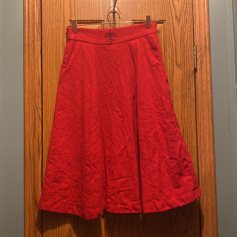 Red Leslie Fay wool skirt, vintage size petite 10 (more like a size 6)